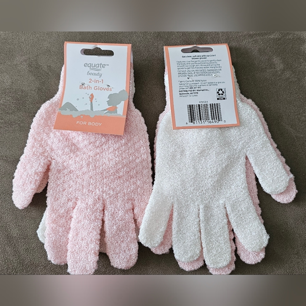 Equate Beauty 2-in-1 Bath Gloves New 2ea of 2pr